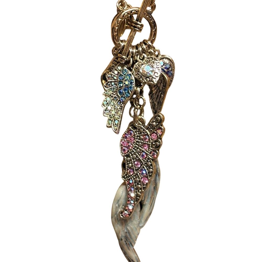 Kirks Folly Charm Necklace Gold with Angel Wings & Heart Charms w/ Crystals